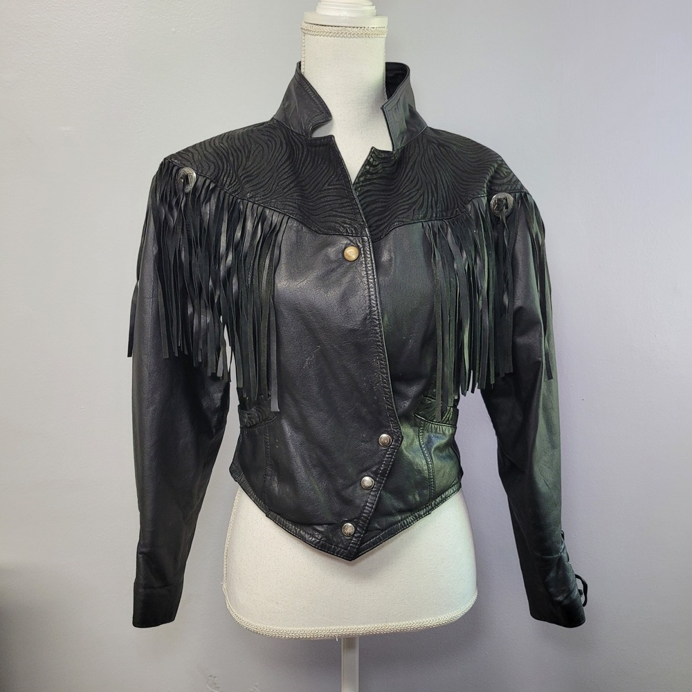 Vintage Black Leather Fringe Western Jacket Zebra Embossed Concho Cropped 90s - Picture 1 of 16